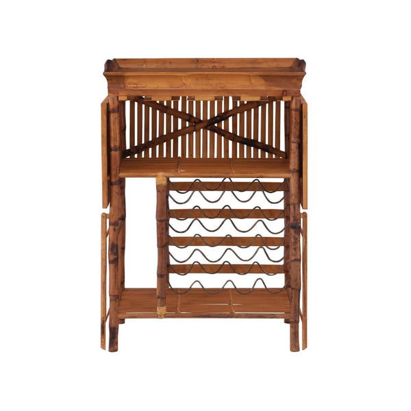 Kenian Tortoise Shell Bamboo Wine Bar with shelves, slots, and a removable tray shown against a white background.