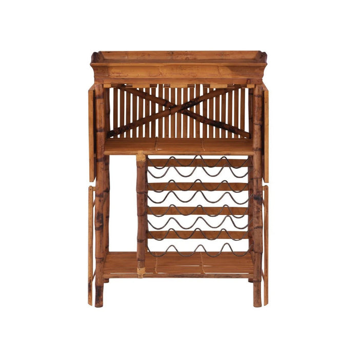 Kenian Tortoise Shell Bamboo Wine Bar with shelves, slots, and a removable tray shown against a white background.