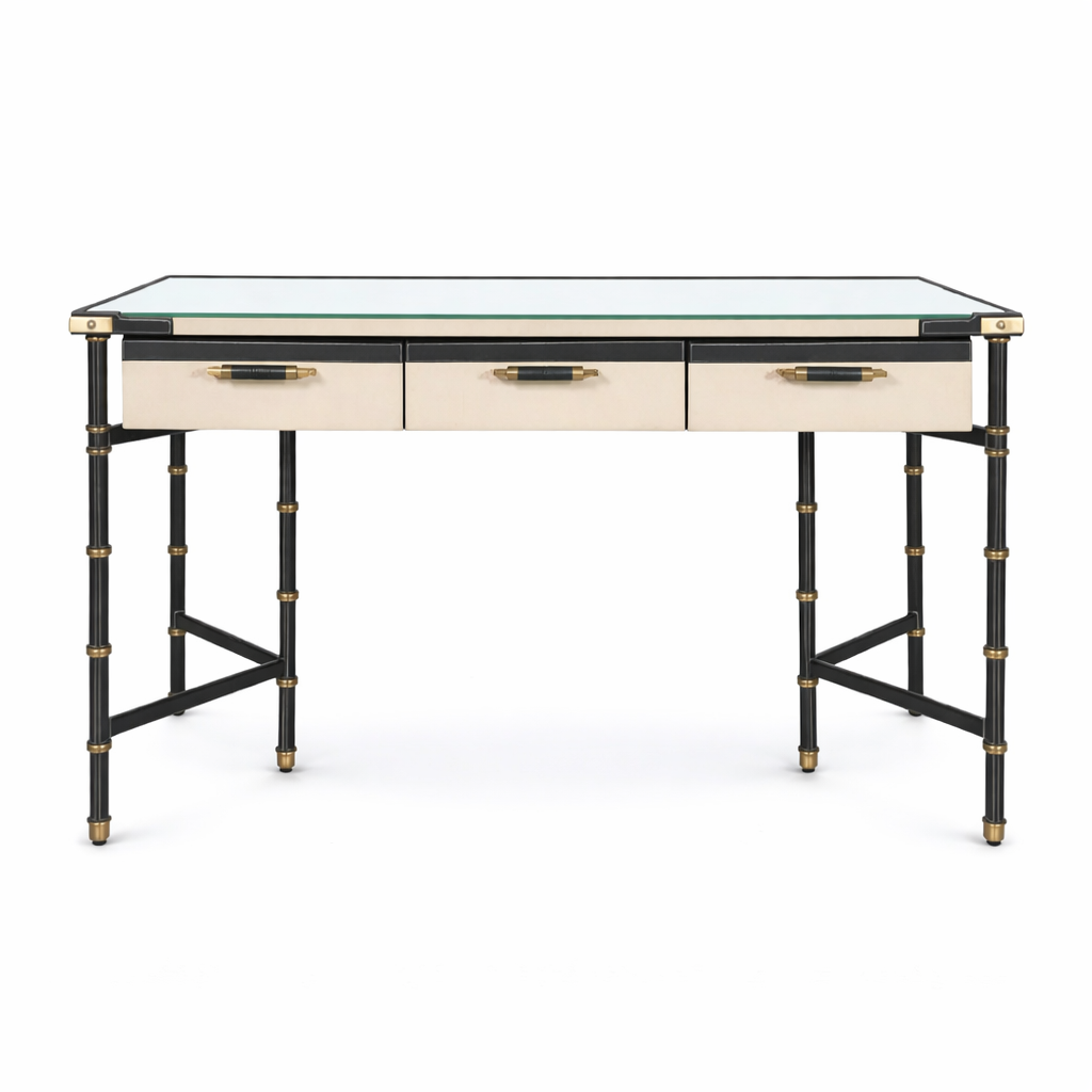 leather wrapped canvas drawer desk black gold accents