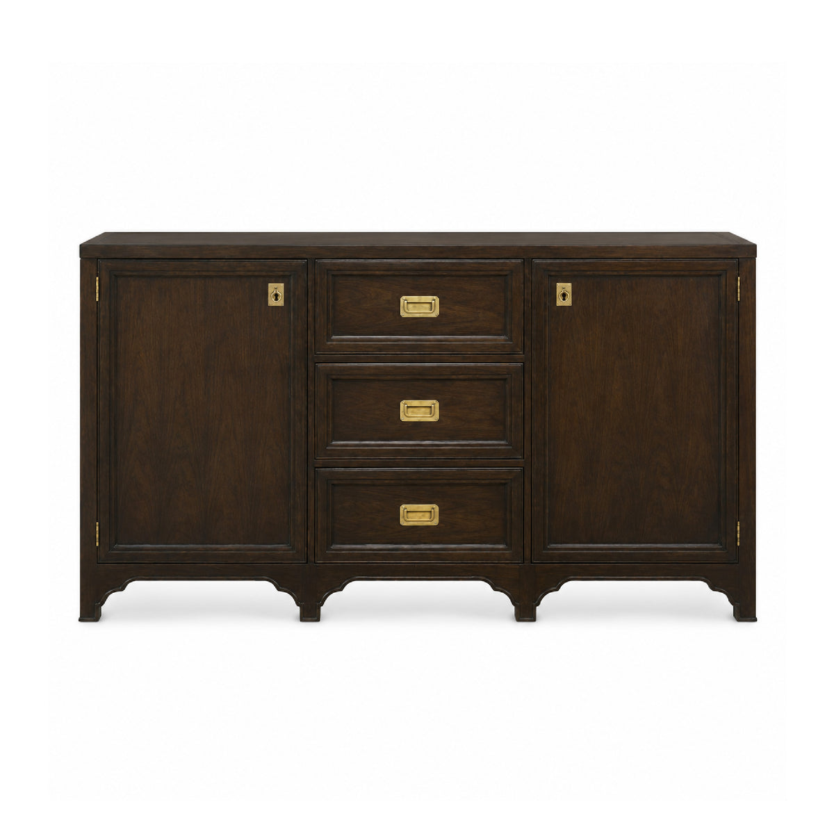 The Tucker Walnut Cabinet by Woodbridge Furniture features brass handles, two cabinets, and three drawers.