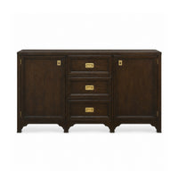 The Tucker Walnut Cabinet by Woodbridge Furniture features brass handles, two cabinets, and three drawers.