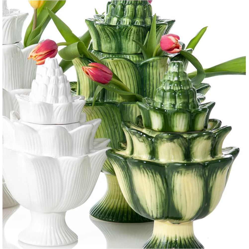 Abigails Artichoke Ivory Tulipiere, available in various sizes, styled with pink tulips for a fresh dining room look.