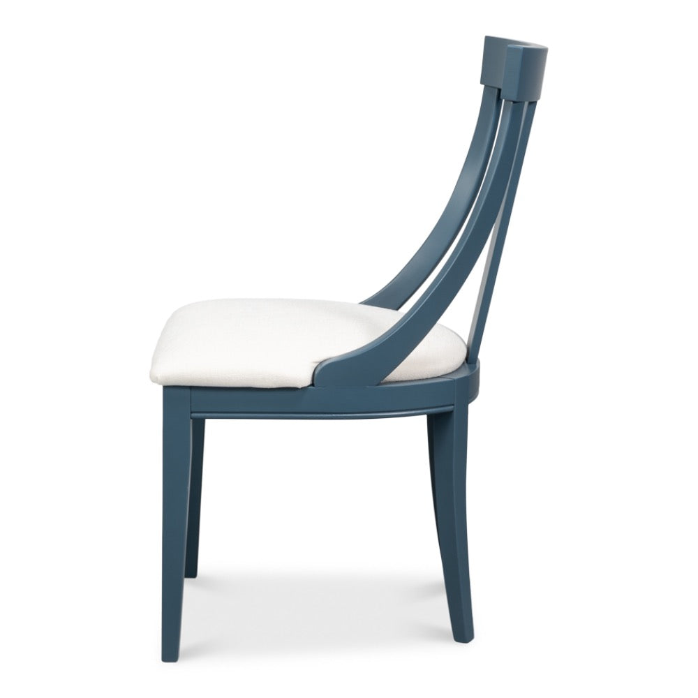 side view blue modern dining chair white cushion
