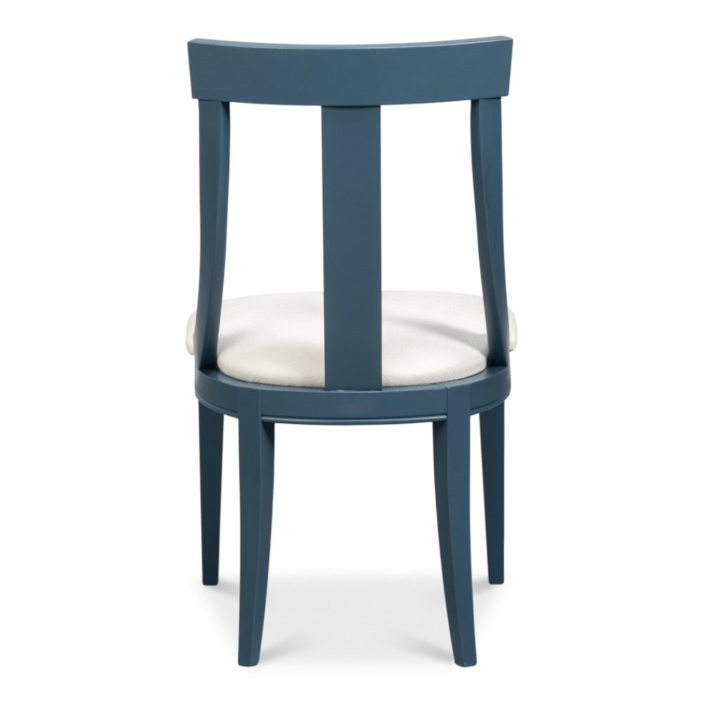 back side view blue modern dining chair white cushion