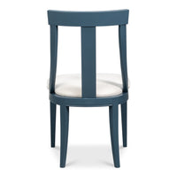 back side view blue modern dining chair white cushion
