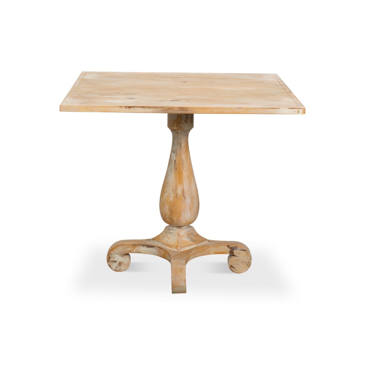 A square wooden pedestal table with a distressed, weathered finish in light natural wood tones, shown against a plain white background.