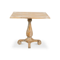 A square wooden pedestal table with a distressed, weathered finish in light natural wood tones, shown against a plain white background.