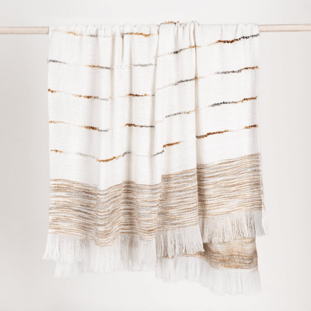 Textured blanket with gold and brown stripes on a white background