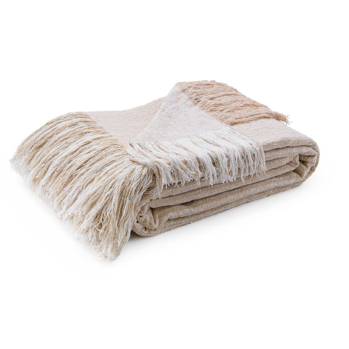 A folded woven throw blanket with fringed edges in a soft neutral palette of beige and cream, photographed on a clean white background.