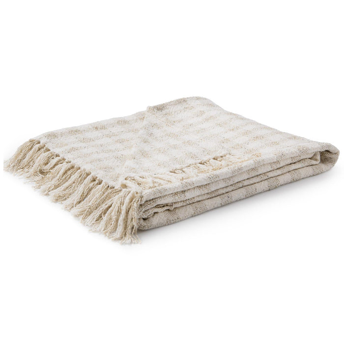 A folded cream-colored woven throw blanket with fringed edges, displayed on a clean white background.