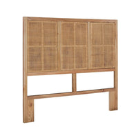 Kenian Valencia Cane + Rattan Queen Headboard features mindi wood and woven natural rattan in three rectangular sections.