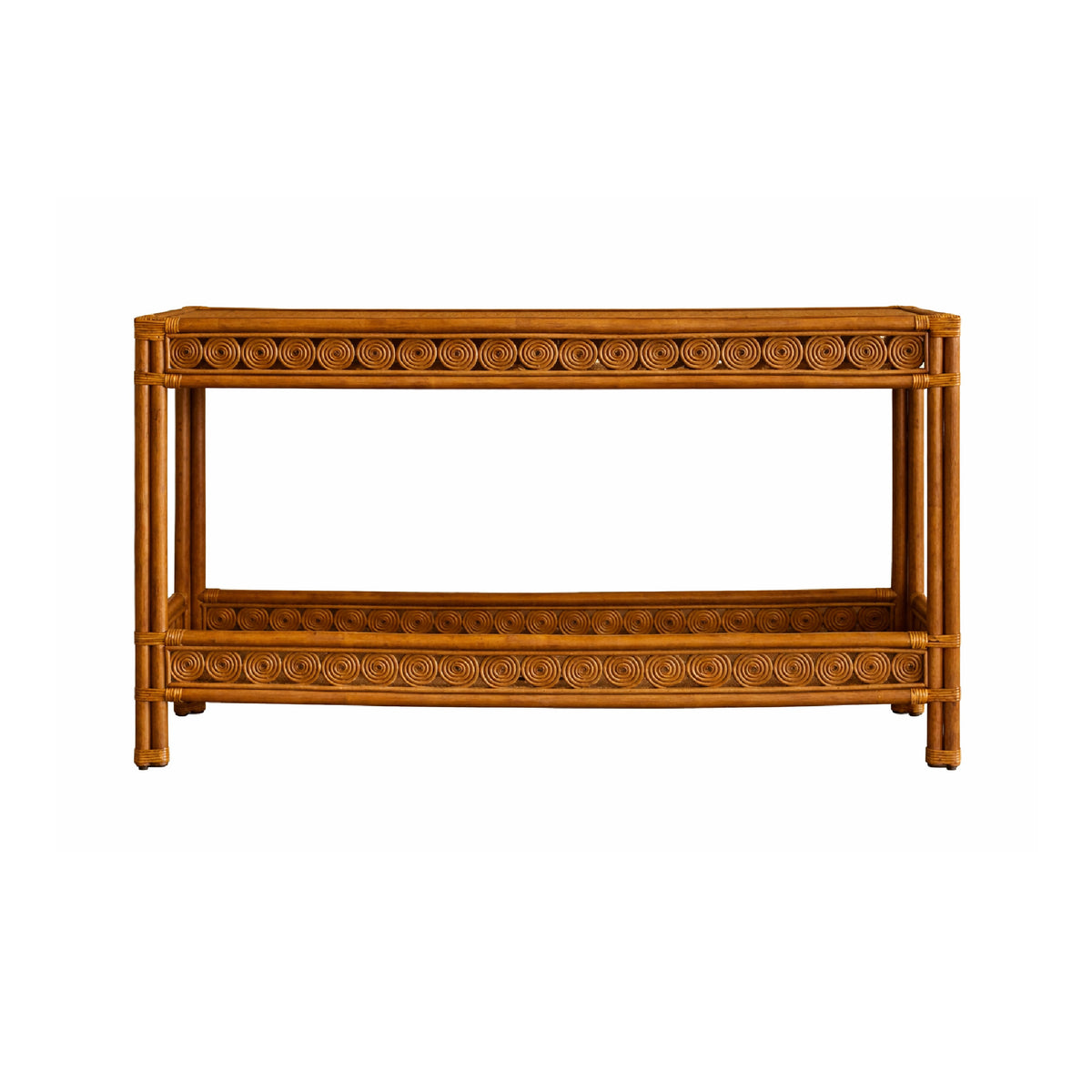 Wicker console table with decorative carvings on a white background