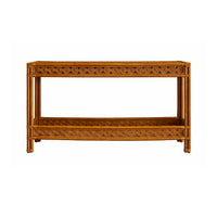 Wicker console table with decorative carvings on a white background