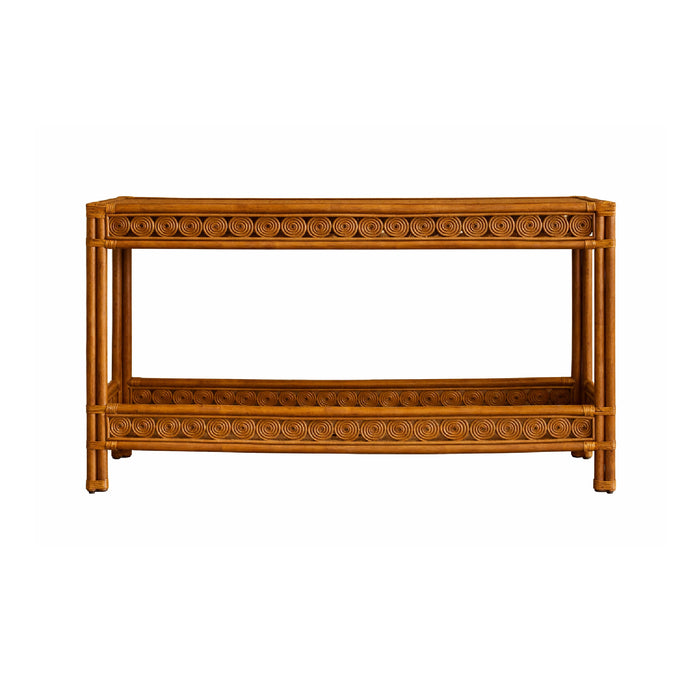 Wicker console table with decorative carvings on a white background