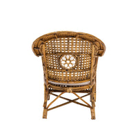Wicker chair with a decorative backrest on a white background
