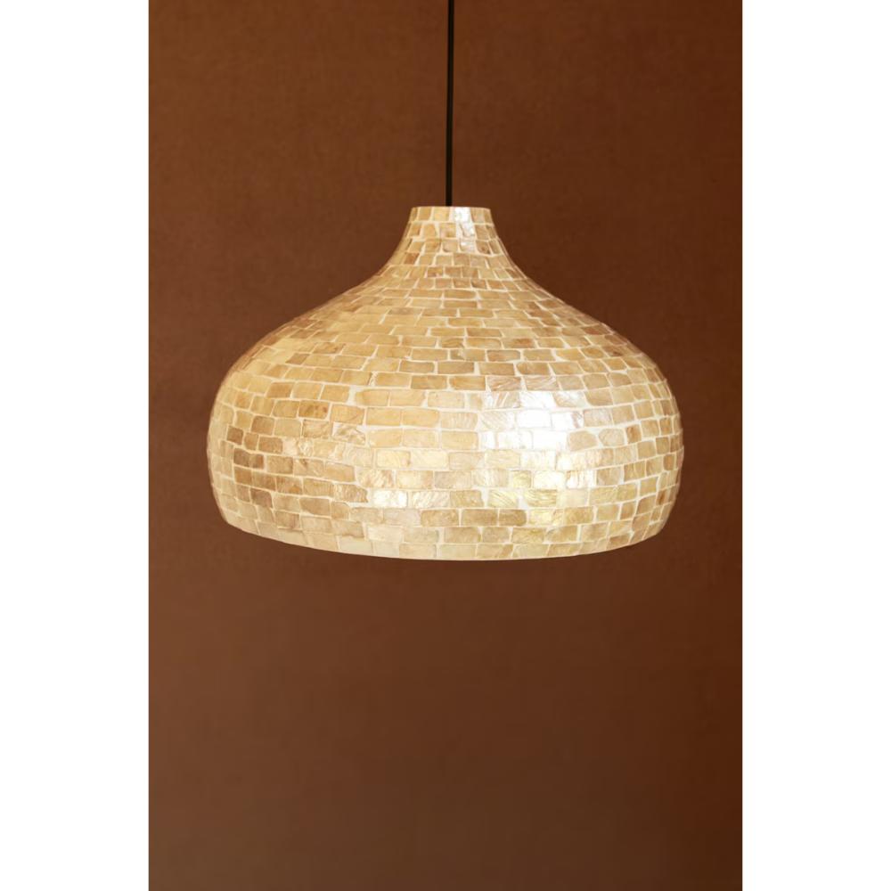 A dome-shaped pendant light shade made of small iridescent shell-like tiles, suspended against a solid brown background.