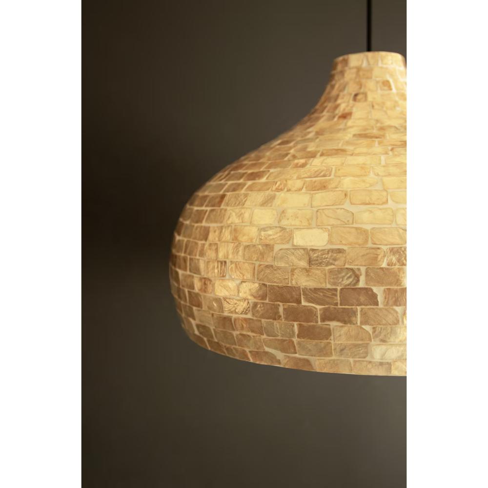 A close-up of a pendant light shade made from capiz shell rectangular pieces, shown against a dark brown background.