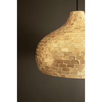 A close-up of a pendant light shade made from capiz shell rectangular pieces, shown against a dark brown background.