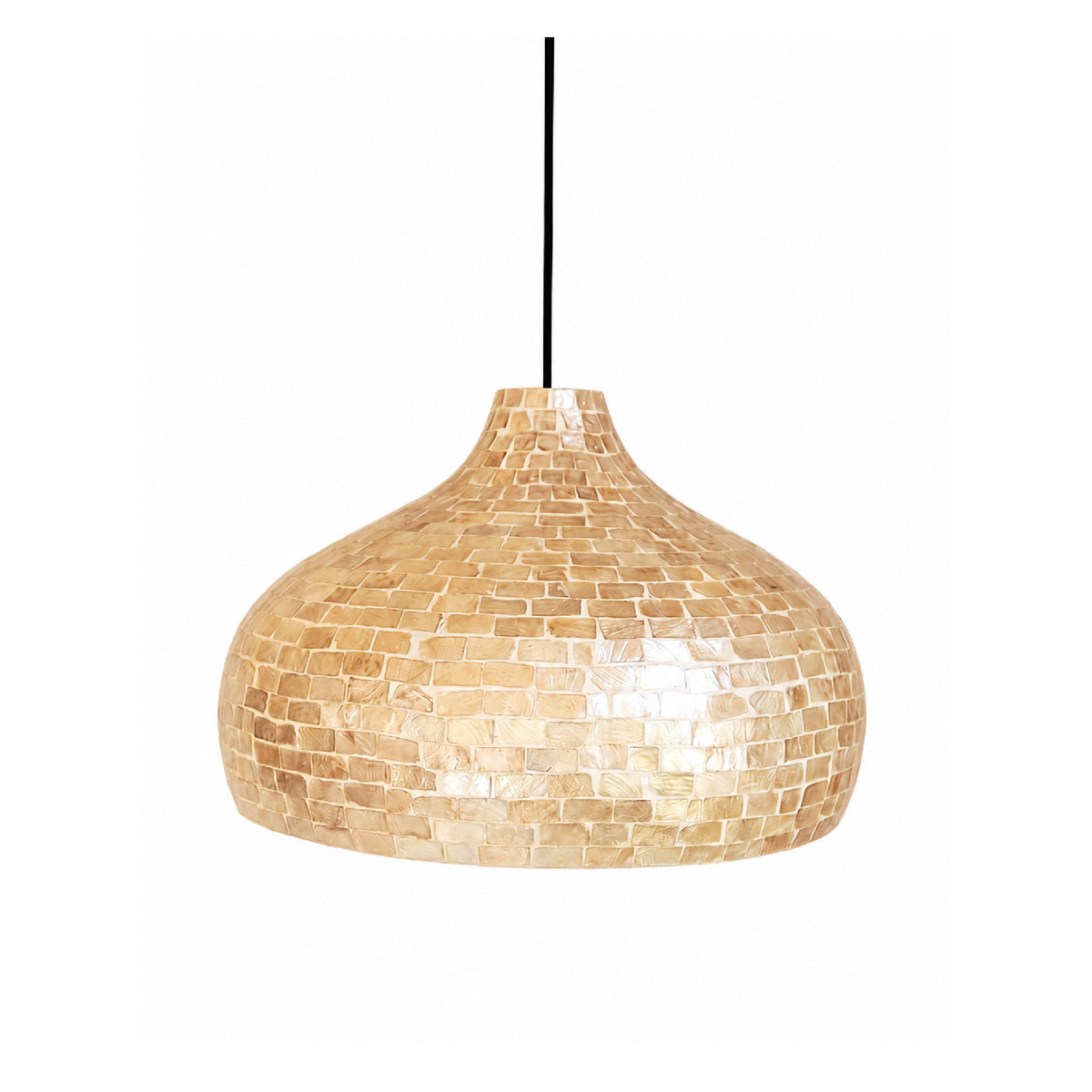 A teardrop-shaped pendant light fixture covered in small iridescent shell-like tiles, suspended by a thin black cord against a plain white background.