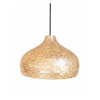 A teardrop-shaped pendant light fixture covered in small iridescent shell-like tiles, suspended by a thin black cord against a plain white background.