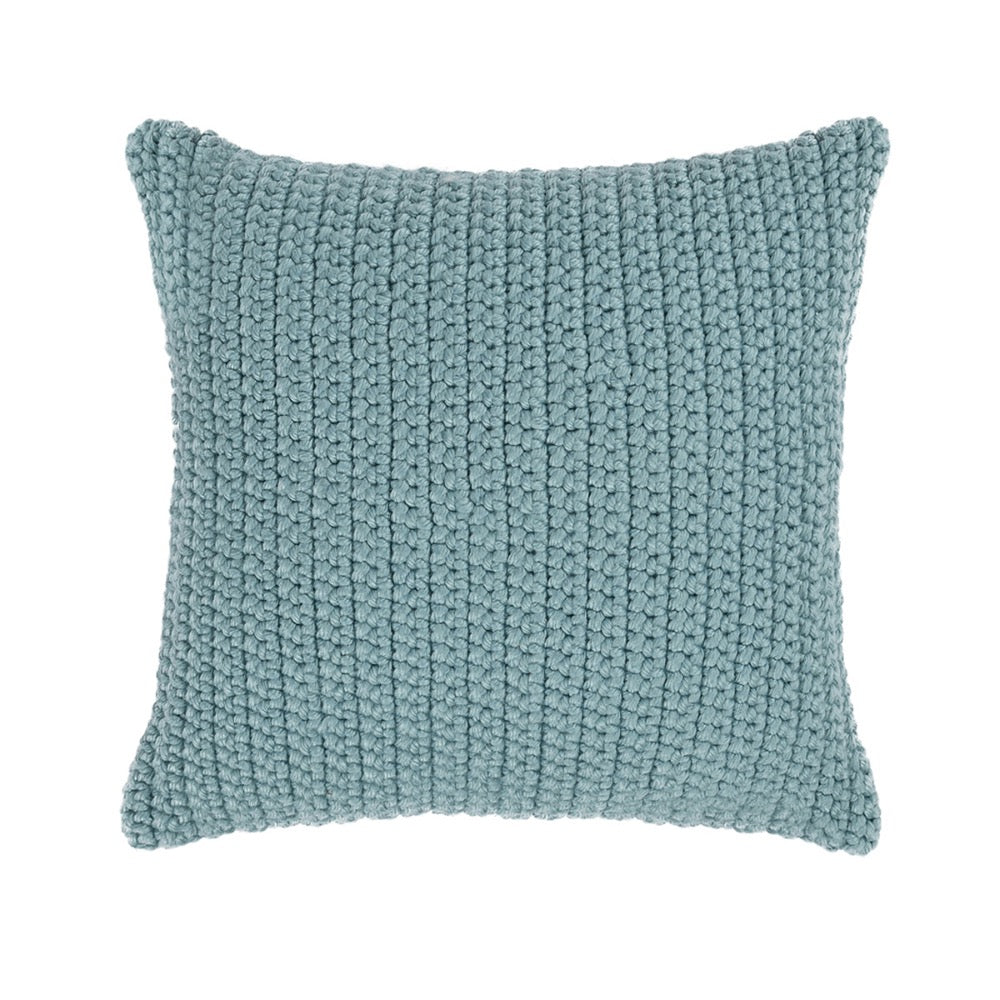 Classic Home Outdoor Performance Prism Pool Blue Pillow, chunky knit, fade resistant, square, top view.