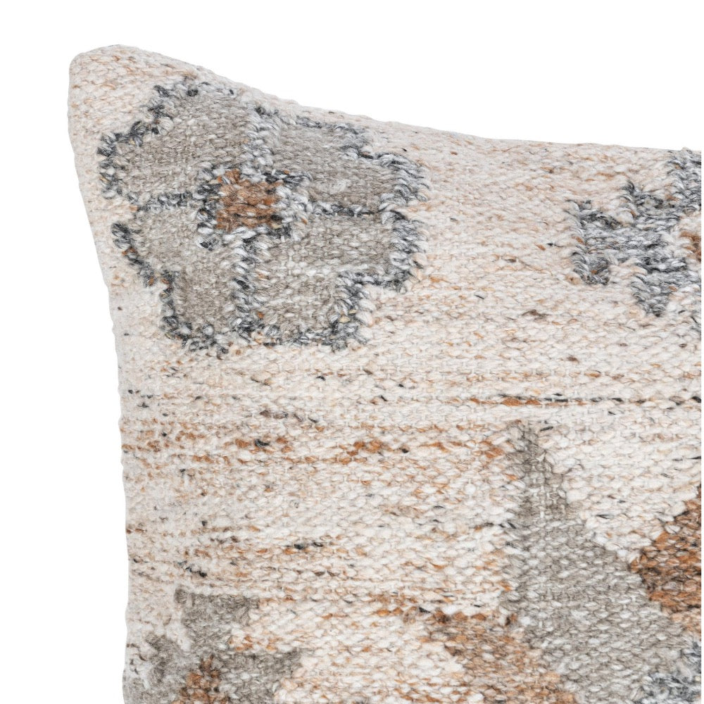 Close-up of Classic Home's Outdoor Performance Ardeth Pillow featuring a beige, gray, and brown southwestern kilim design.