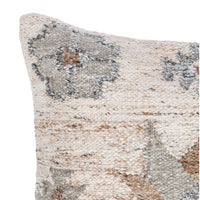Close-up of Classic Home's Outdoor Performance Ardeth Pillow featuring a beige, gray, and brown southwestern kilim design.