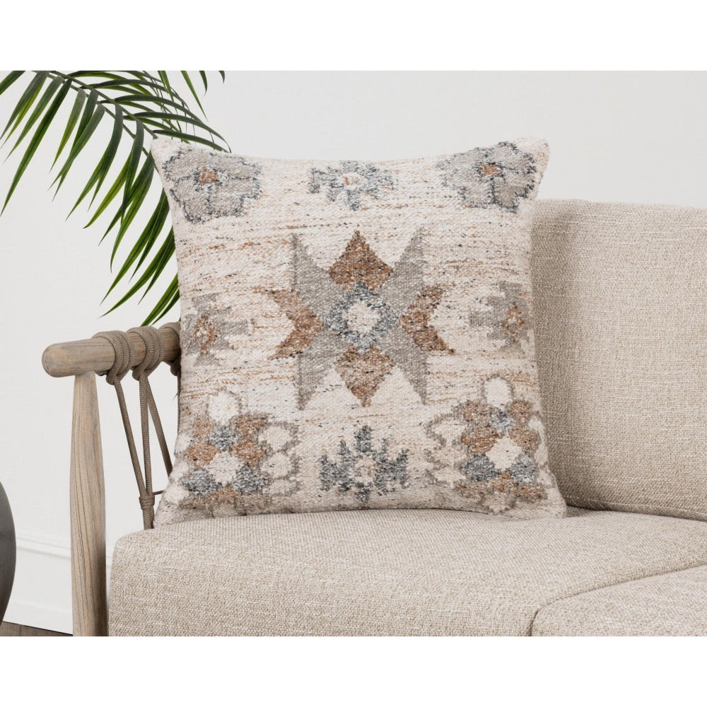 Classic Home's Outdoor Performance Ardeth Pillow features neutral tones and a Southwestern kilim-inspired design.
