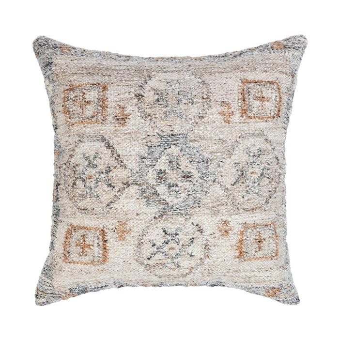 The Outdoor Performance Lukens Pillow by Classic Home features a neutral geometric design inspired by southwestern kilim rugs.