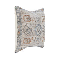 The Classic Home Outdoor Performance Lukens Pillow features a kilim-inspired textured front in beige, gray, and rust.