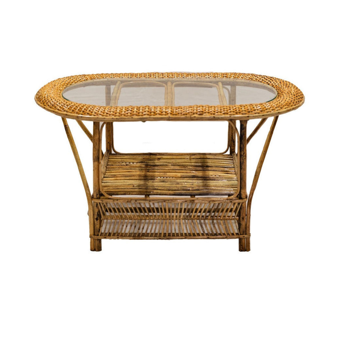 Wicker coffee table with glass top on a white background