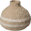 round ceramic tan basket weave vase off-white horizontal stripes