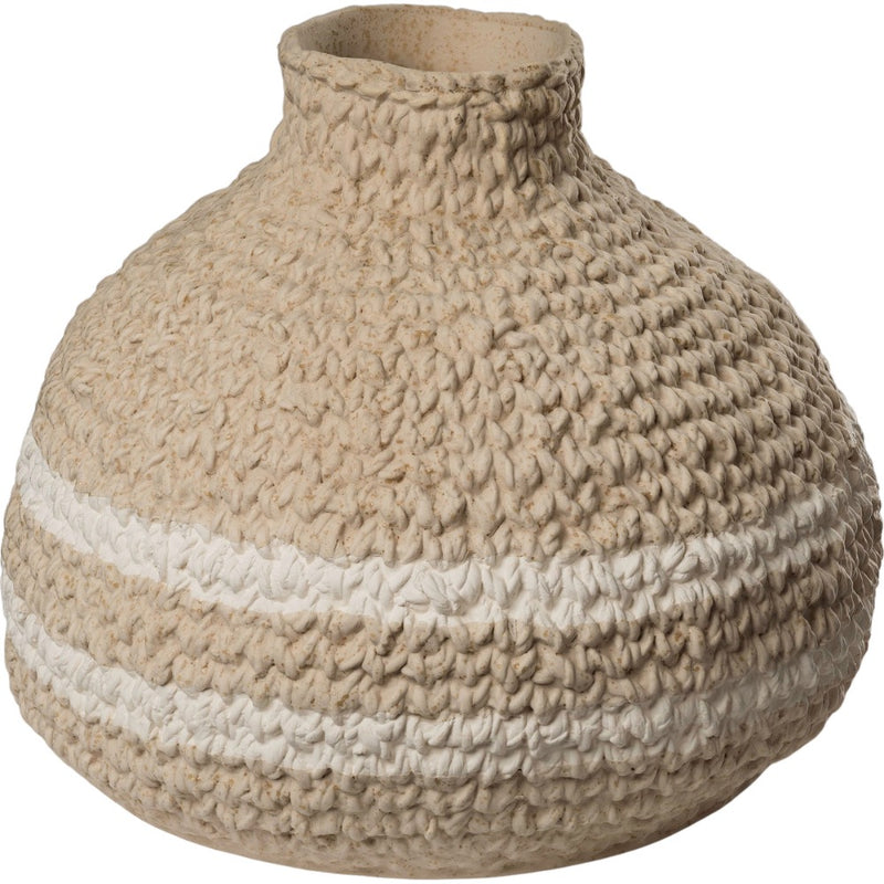 round ceramic tan basket weave vase off-white horizontal stripes