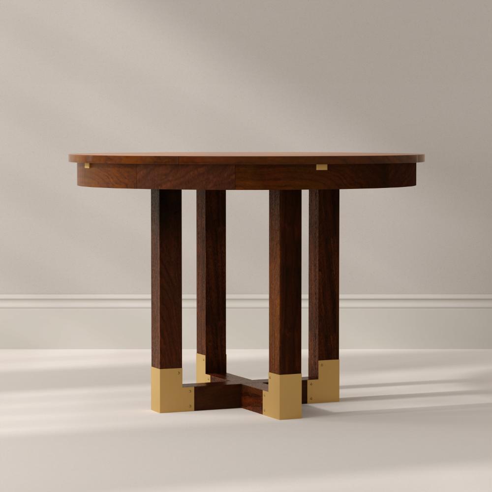 Wooden side table with gold accents on a neutral background