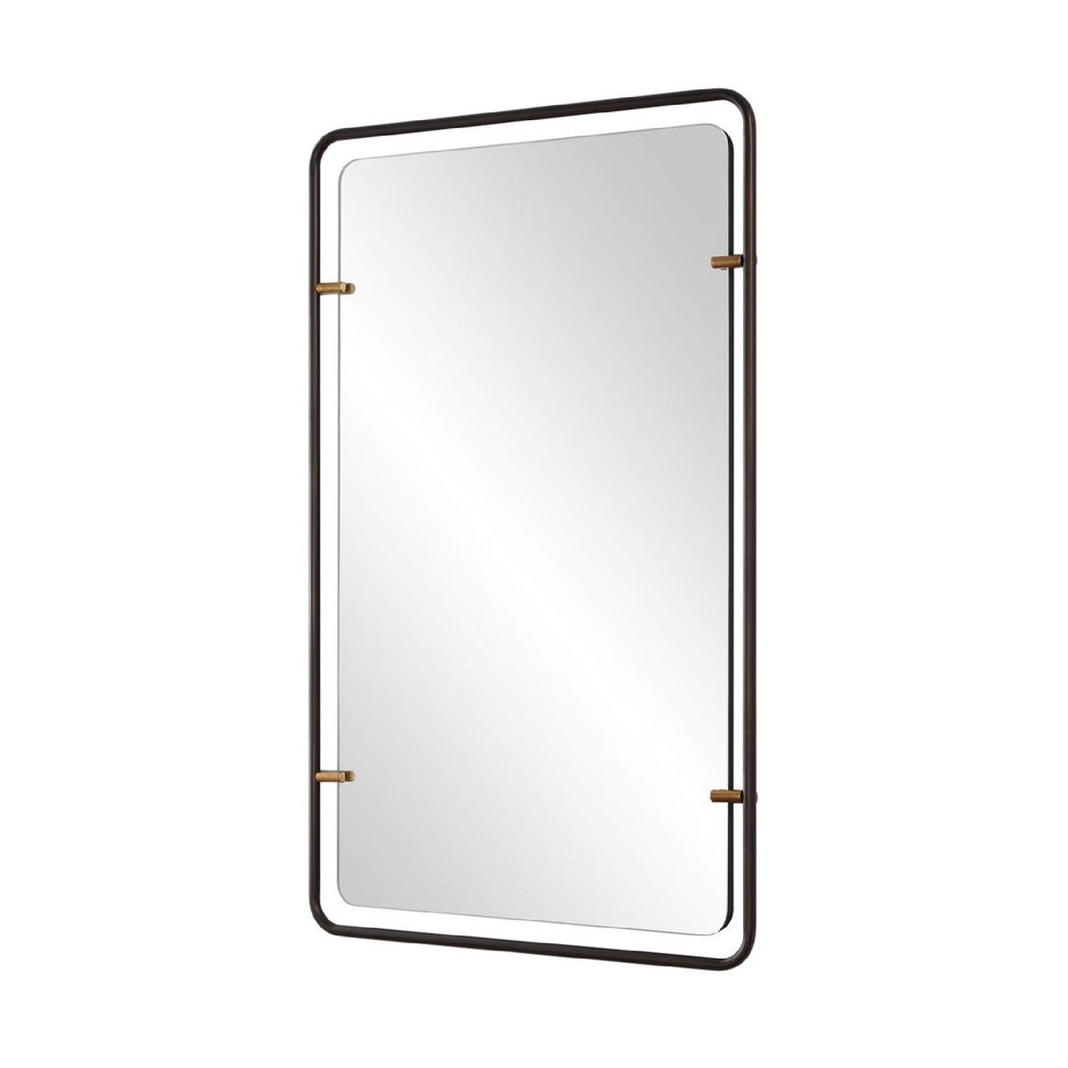 A rectangular wall mirror with a thin dark frame and small brass-toned corner brackets, shown against a plain white background.