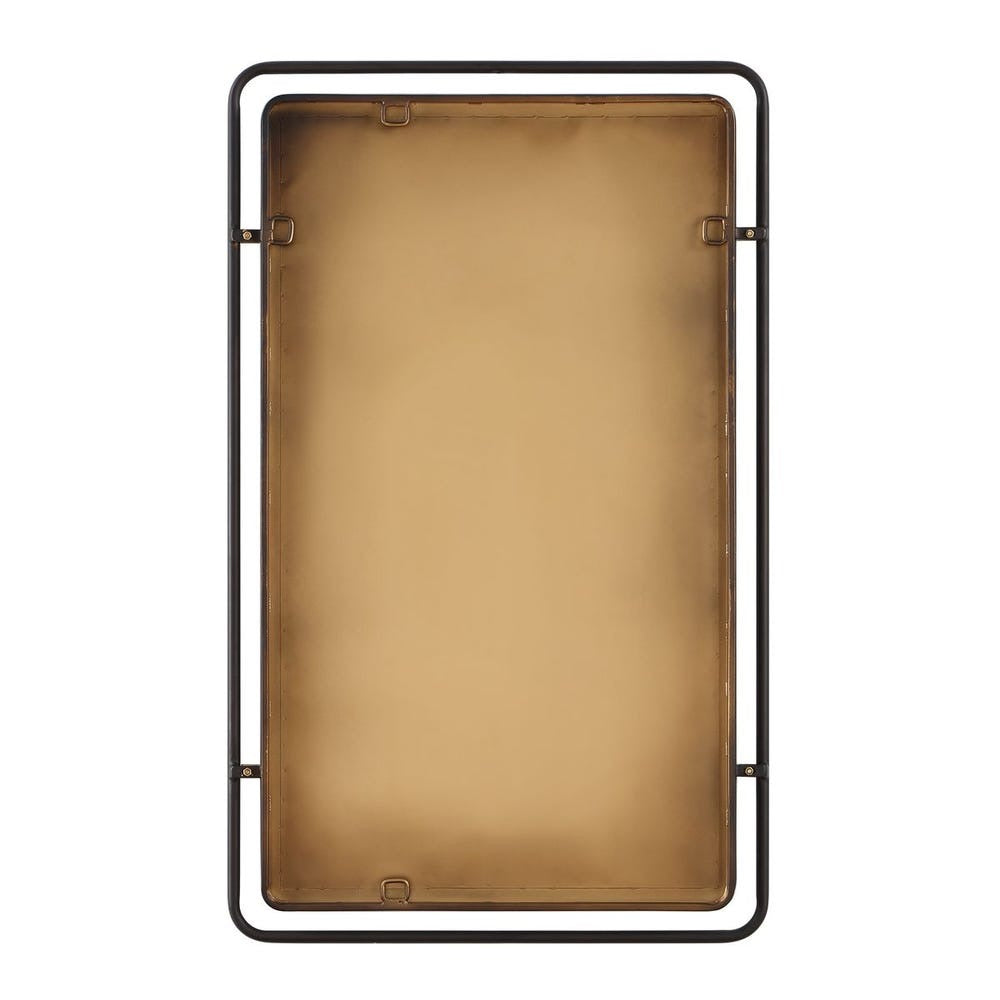 Back view of a rectangular wall mirror with a dark metal frame and a warm, bronze-toned reflective surface, shown against a plain white background.