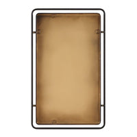 Back view of a rectangular wall mirror with a dark metal frame and a warm, bronze-toned reflective surface, shown against a plain white background.