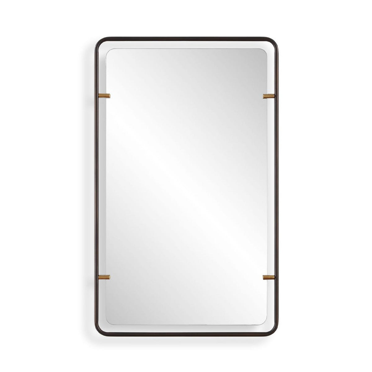A rectangular wall mirror with a slim dark frame and small gold-toned corner accents, shown against a plain white background.