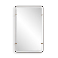 A rectangular wall mirror with a slim dark frame and small gold-toned corner accents, shown against a plain white background.