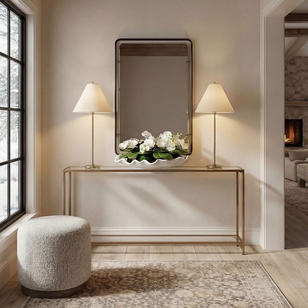 Console table with mirror, lamps, and flowers in a living room setting