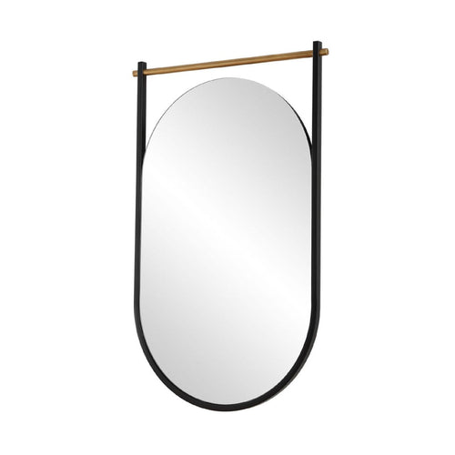 An oval wall mirror with a sleek black metal frame and a natural wood hanging rod, shown against a plain white background.