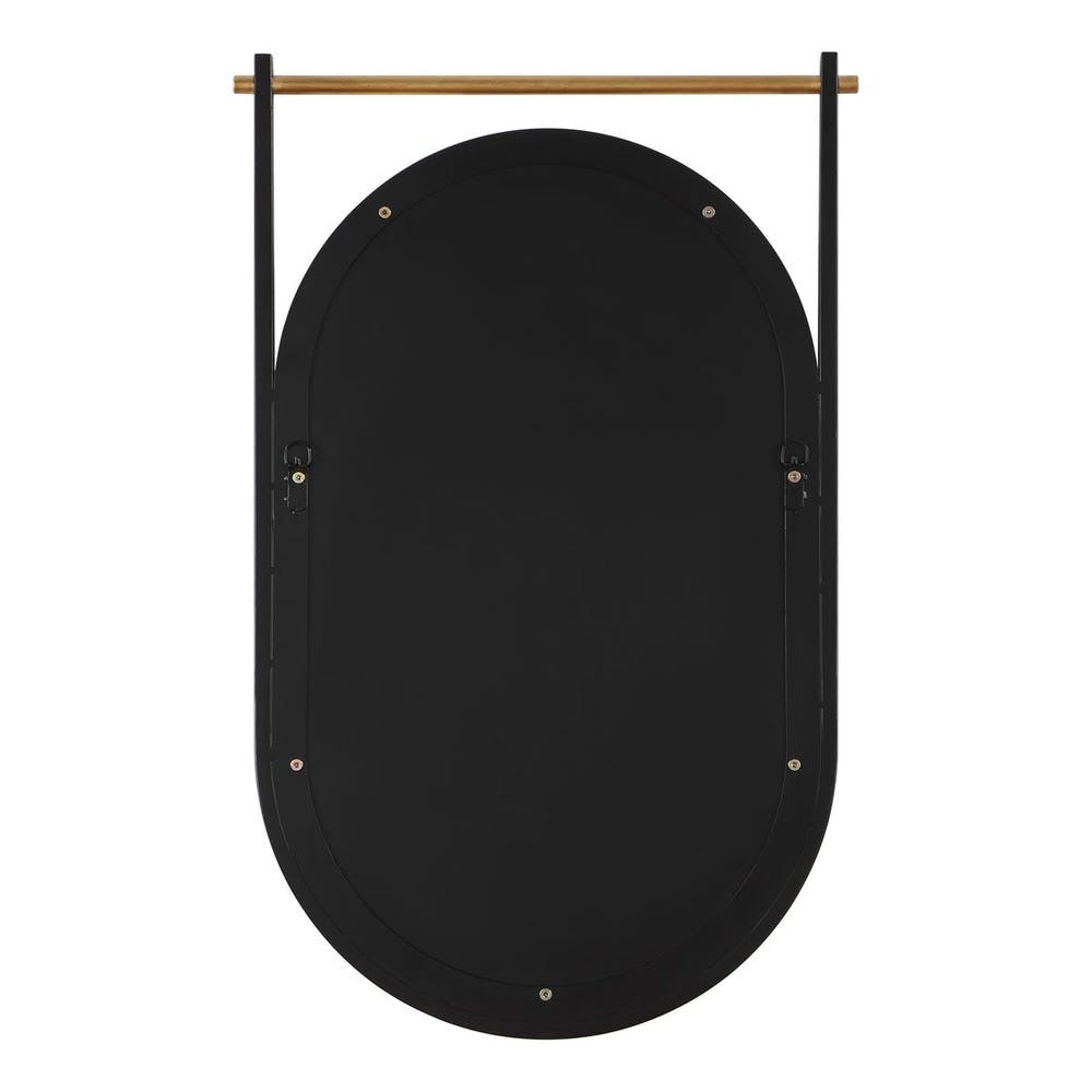 A black back view of oval wall mirror with a natural wood hanging rod and black metal brackets, shown against a plain white background.