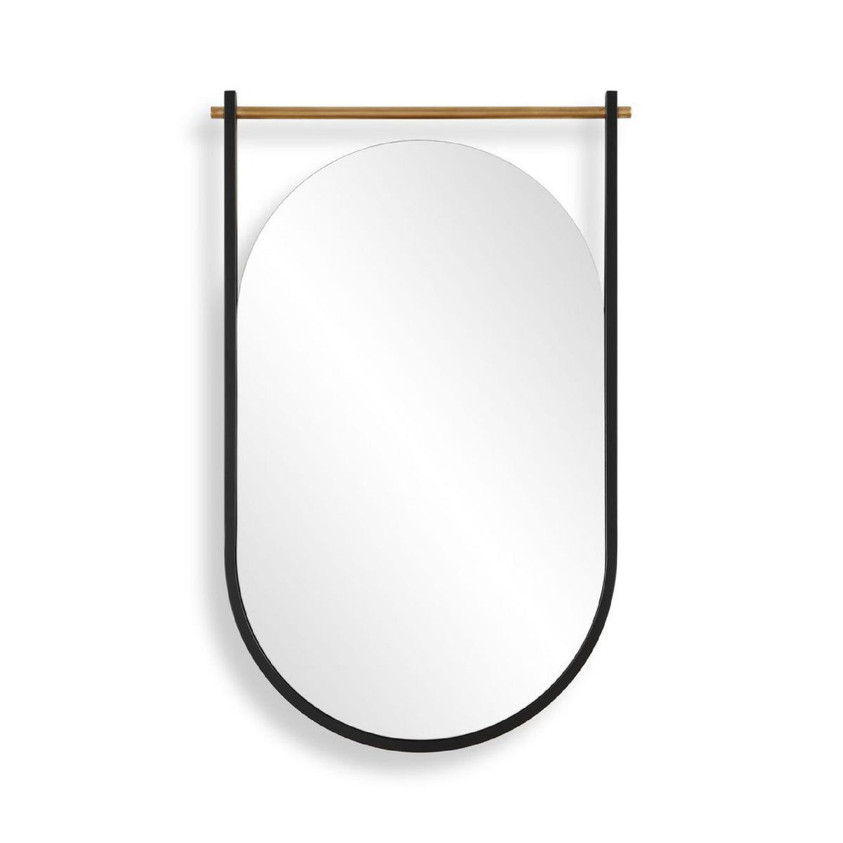 A modern wall mirror with a black metal frame and a horizontal wooden hanging rod, shown against a plain white background.