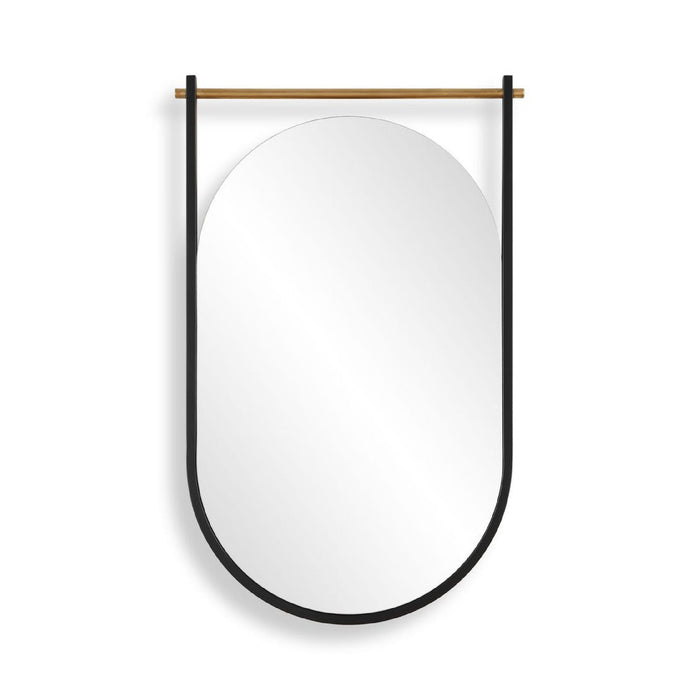 A modern wall mirror with a black metal frame and a horizontal wooden hanging rod, shown against a plain white background.