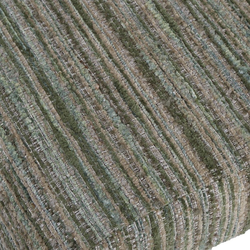 A close-up of a textured fabric with a ribbed, striped pattern in muted olive green, taupe, and gray tones.