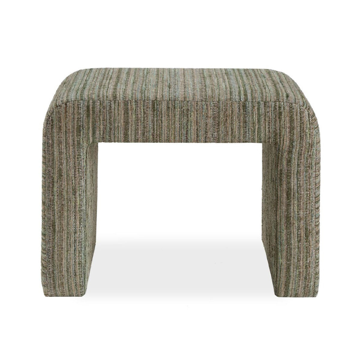 A modern low-profile bench with a thick, rounded rectangular seat, upholstered in a textured vertical stripe fabric of olive green, beige, and brown tones, shown against a plain white background.