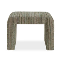 A modern low-profile bench with a thick, rounded rectangular seat, upholstered in a textured vertical stripe fabric of olive green, beige, and brown tones, shown against a plain white background.