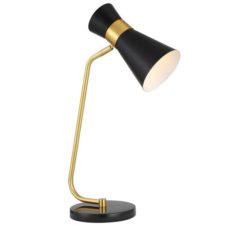 Uttermost Black + Gold Desk Lamp with black marble base and adjustable angled cone shade.