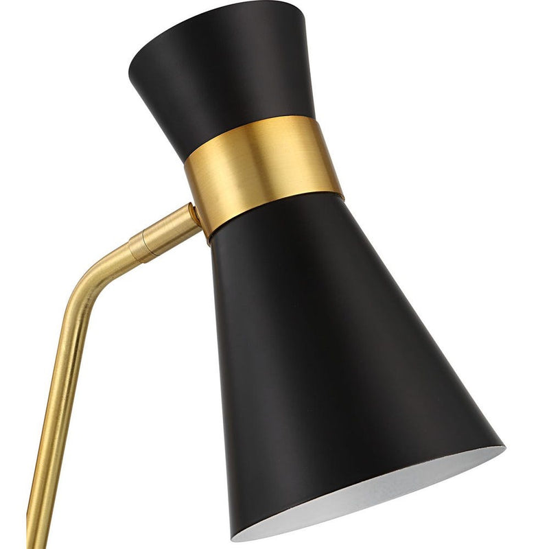 Uttermost Black + Gold Desk Lamp features a conical shade, angled metal arm, and black marble base.