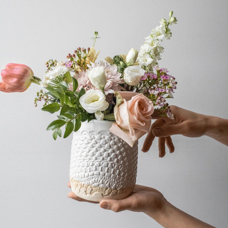 ceramic lace canister white handmade round